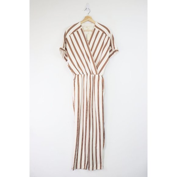 NWT Maje Pieni Stripe Jumpsuit Surplice V-Neck Straight Leg Cream Orange Brown S - Picture 2 of 7